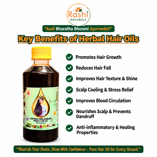 Promotional graphic for Rashi Naturals Herbal Hair Oil, showing a bottle of dark brown hair oil with a yellow cap and a green label, alongside a list of key benefits on a white background.