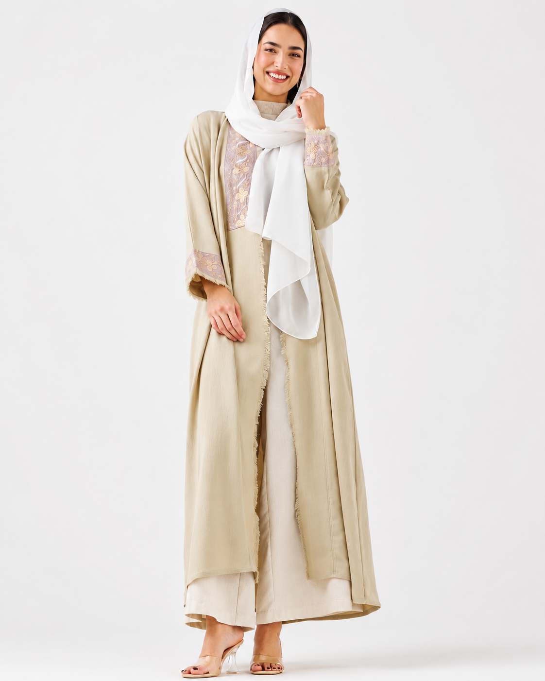 Beige Embroidered Open Abaya – Styling View – Shop Azria