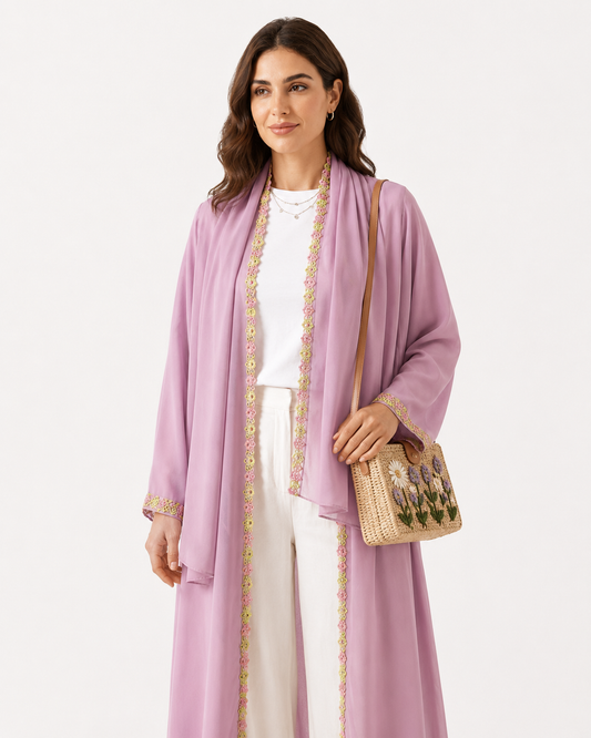 Blossom Luxe Abaya – Pink – fabric and embroidery detail – AZRIA KSA