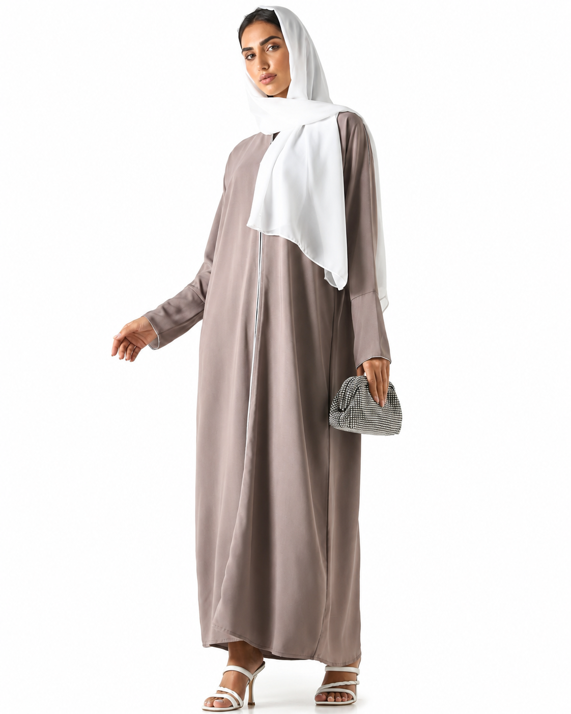 Classic Abaya – Taupe – styled look – AZRIA KSA