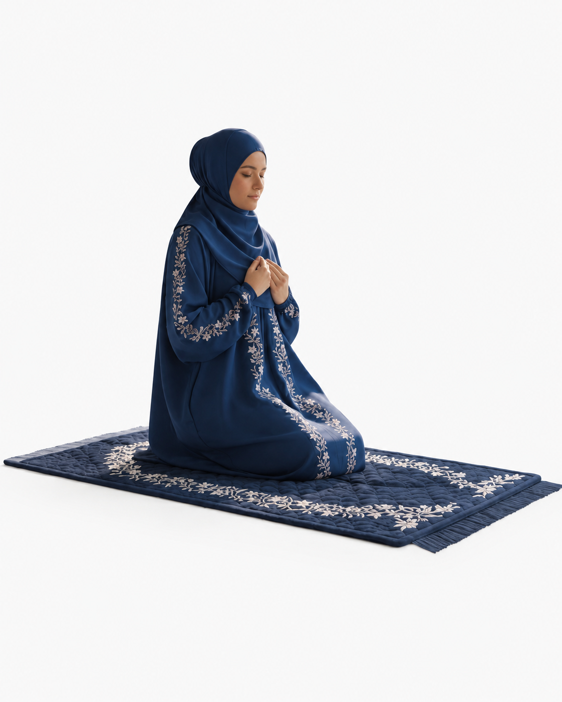 Embroidered Prayer Dress & Mat Set – Navy Blue
