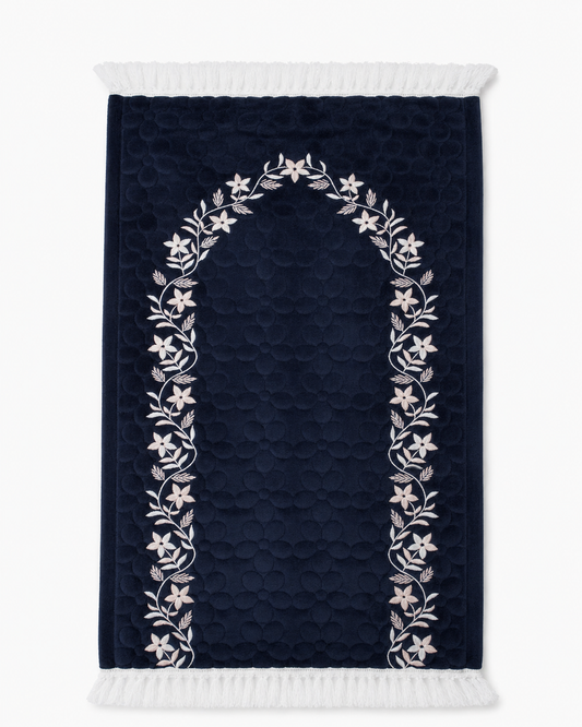 Embroidered Prayer Dress & Mat Set – Navy Blue