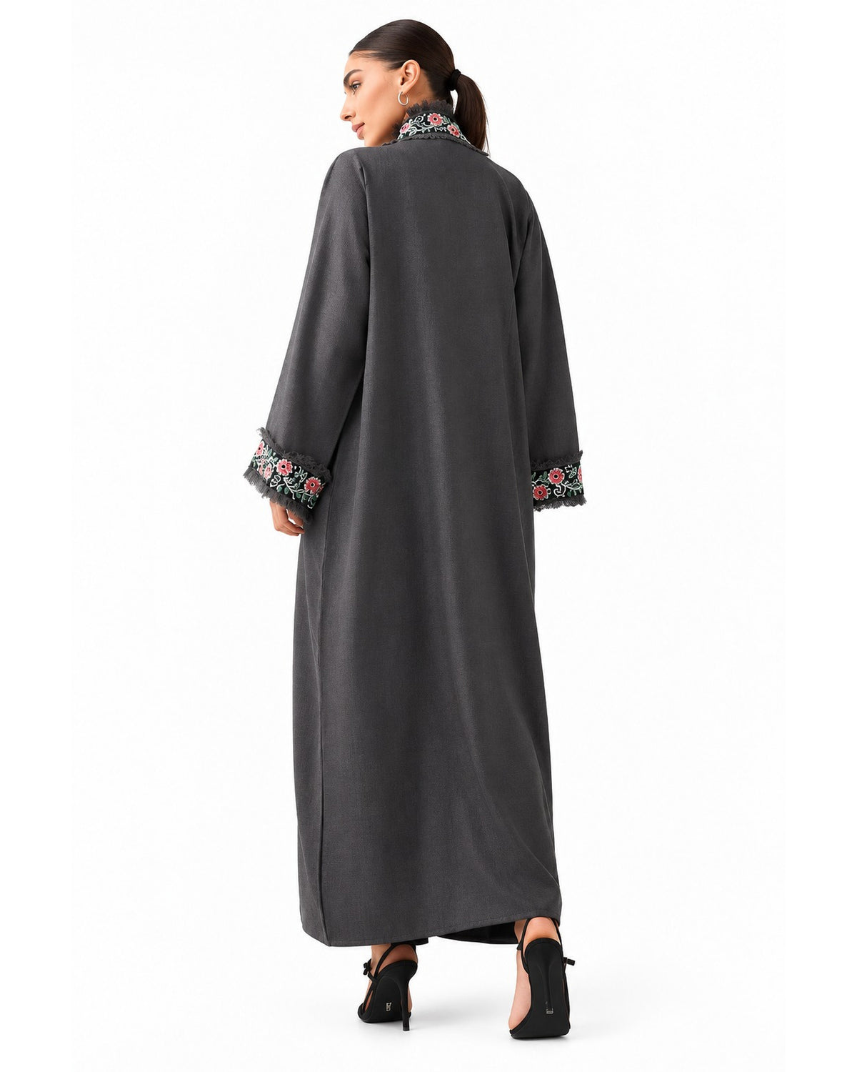 Floral Border Abaya with Hijab – Gray