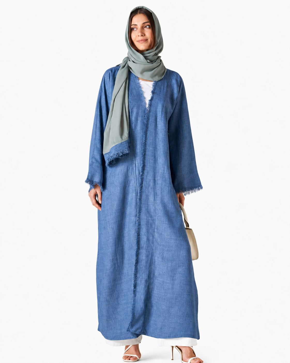 Open Front Abaya with Hijab – Blue – style-view – AZRIA KSA