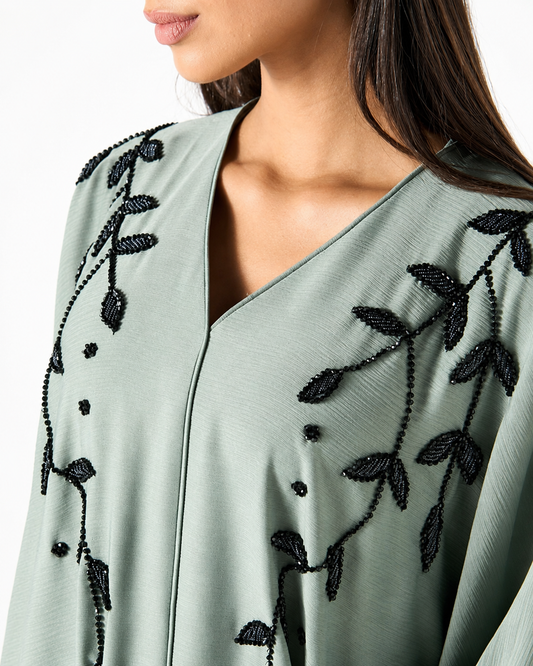 Sage Green Embroidered Bisht Abaya – fabric and embroidery detail – AZRIA KSA