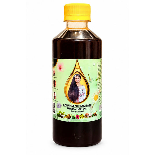 A bottle of Adivasi Neelambari Herbal Hair Oil with a yellow cap and a light green label, shown on a plain white background.