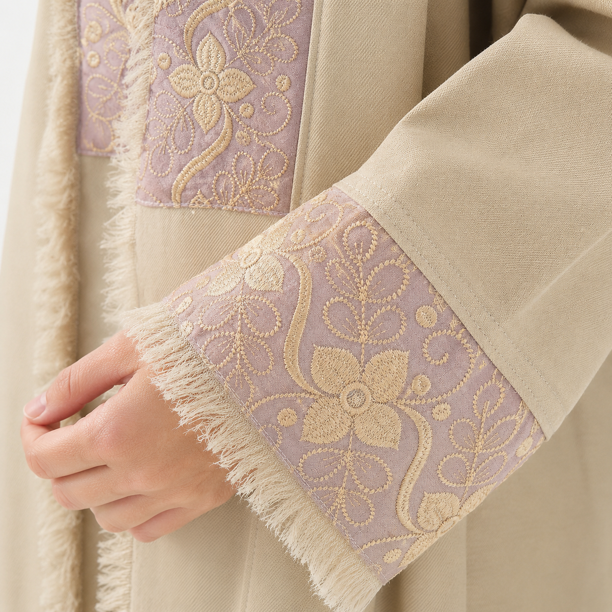 Beige Embroidered Open Abaya