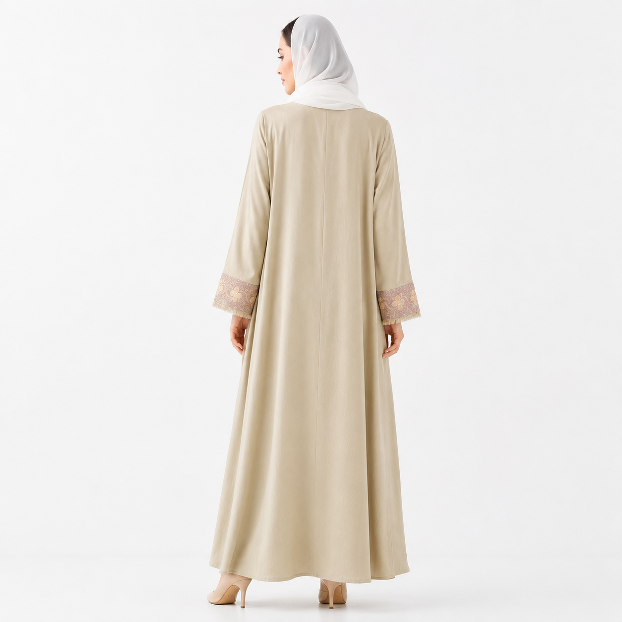 Beige Embroidered Open Abaya