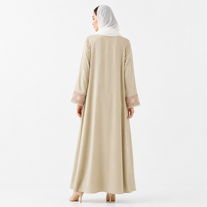 Beige Embroidered Open Abaya