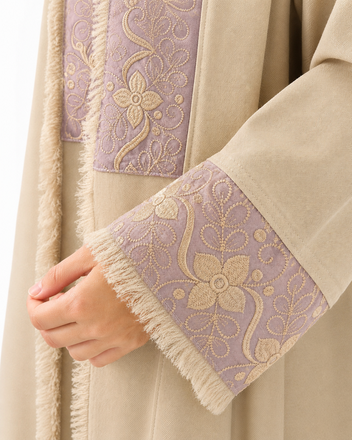 Beige Embroidered Open Abaya – Detail View – Shop Azria