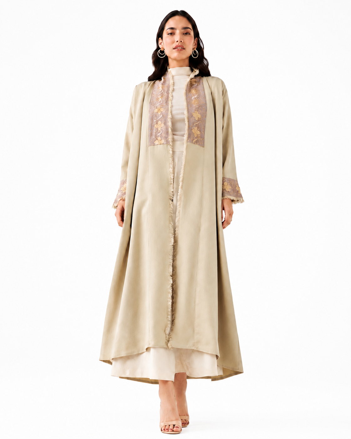 Beige Embroidered Open Abaya – Front View – Shop Azria