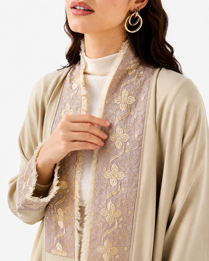 Beige Embroidered Open Abaya – Side View – Shop Azria