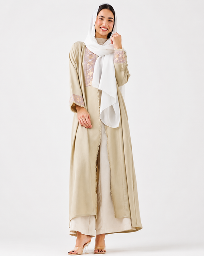 Beige Embroidered Open Abaya – Styling View – Shop Azria