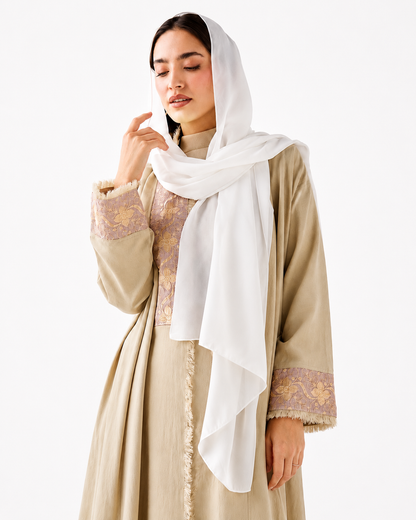 Beige Embroidered Open Abaya – Styling View – Shop Azria