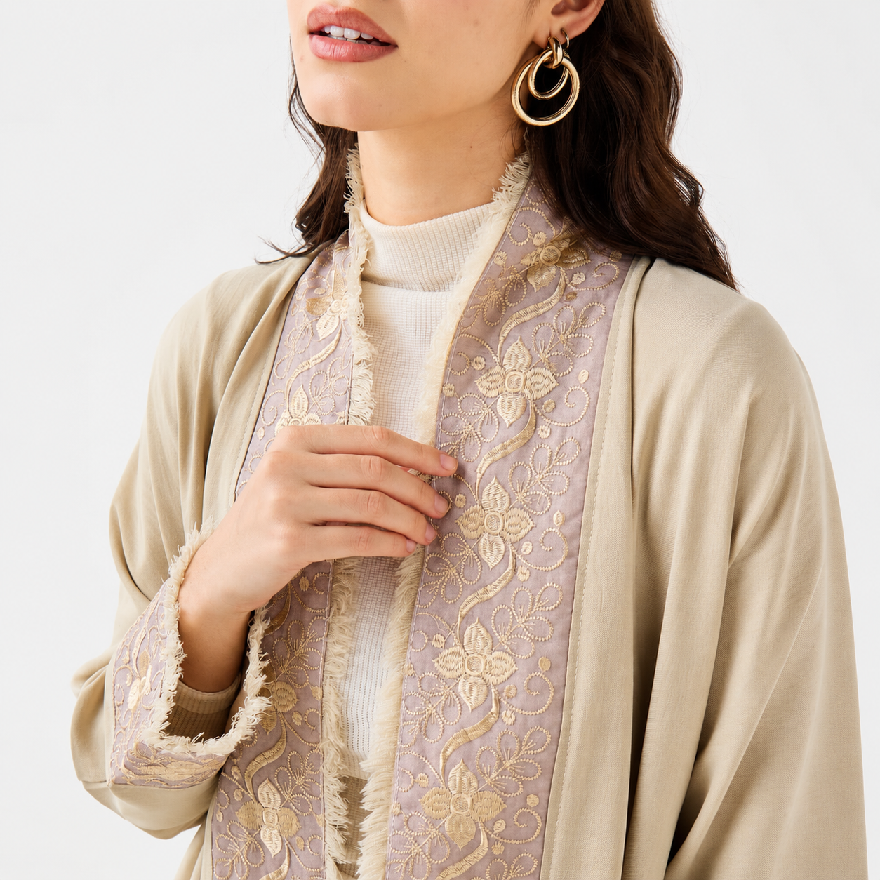Beige Embroidered Open Abaya
