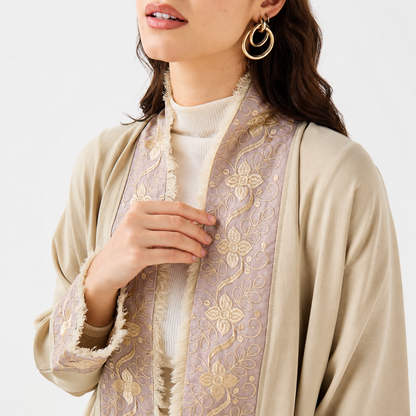 Beige Embroidered Open Abaya