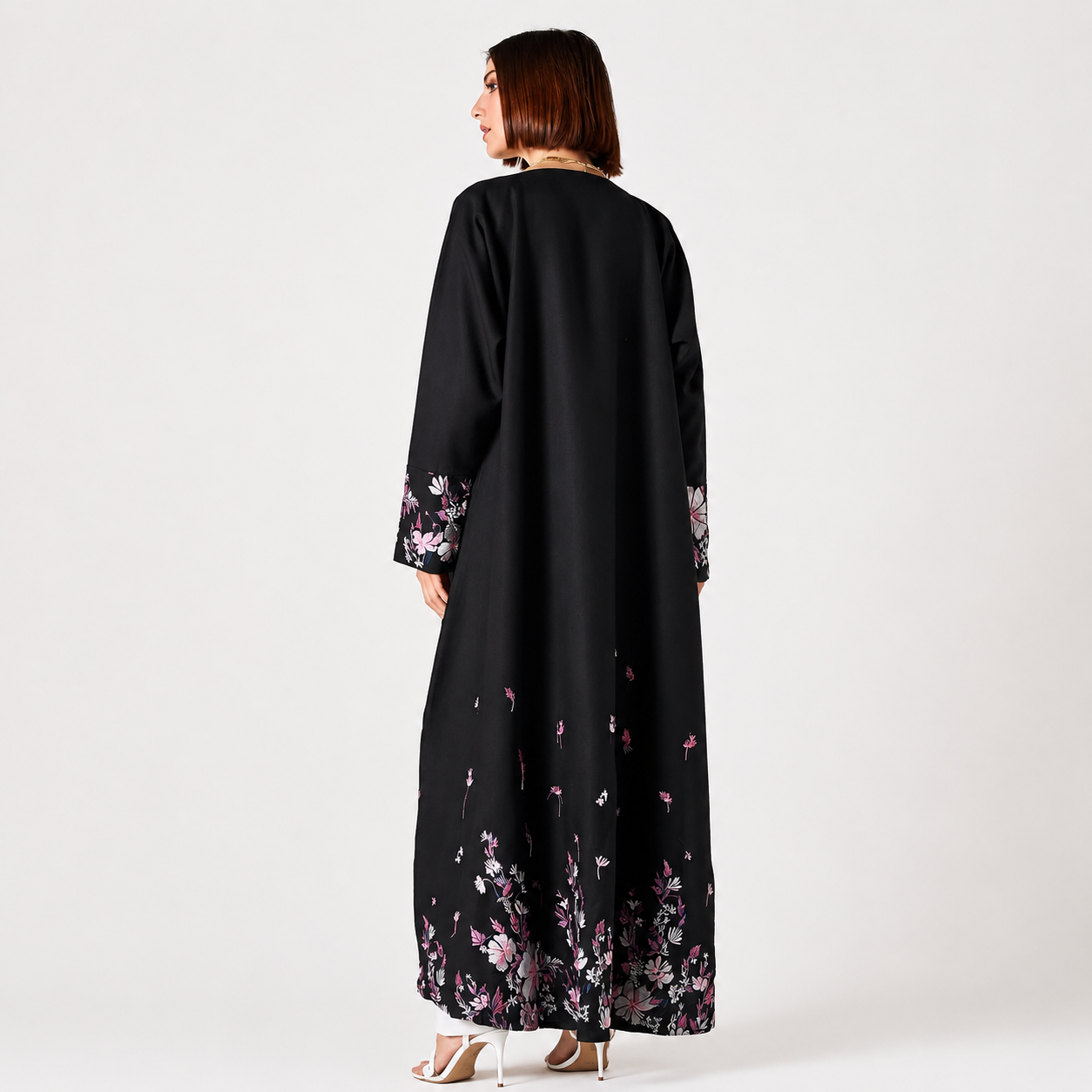 Back view of black floral embroidered abaya