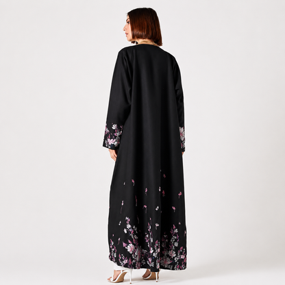 Back view of black floral embroidered abaya