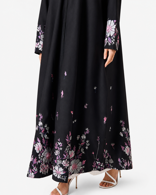 Embroidered Abaya with Hijab – Black – Detail View – Shop Azria