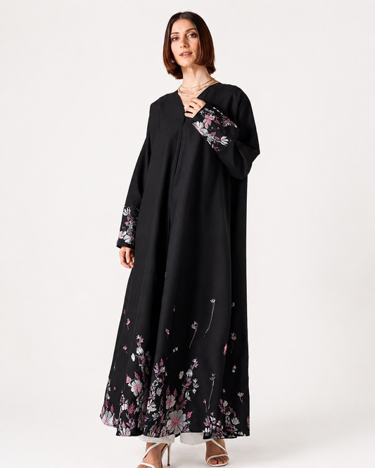 Embroidered Abaya with Hijab – Black – Front View – Shop Azria