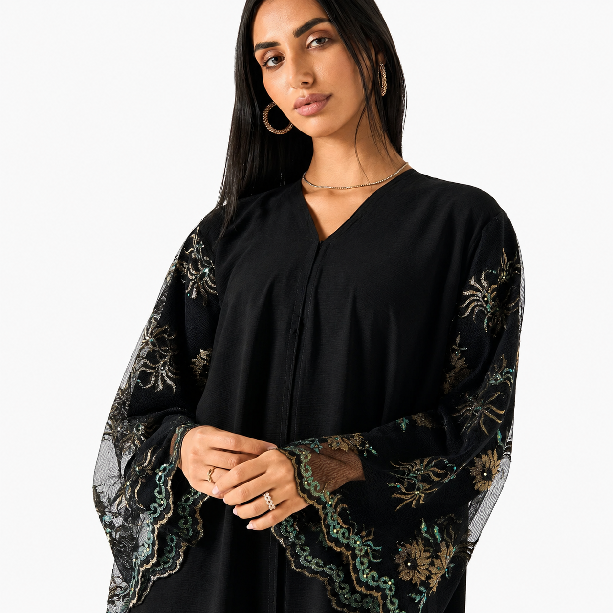 Embroidered long sleeve detail on black evening abaya