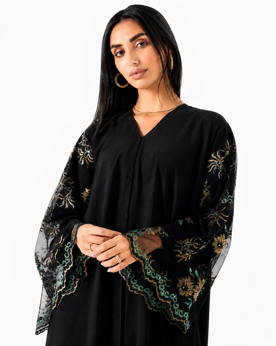 Black Lace Embellished Abaya – Detail View – Shop Azria