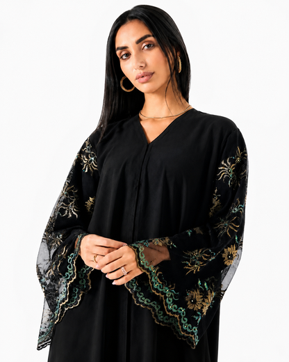 Black Lace Embellished Abaya – Detail View – Shop Azria