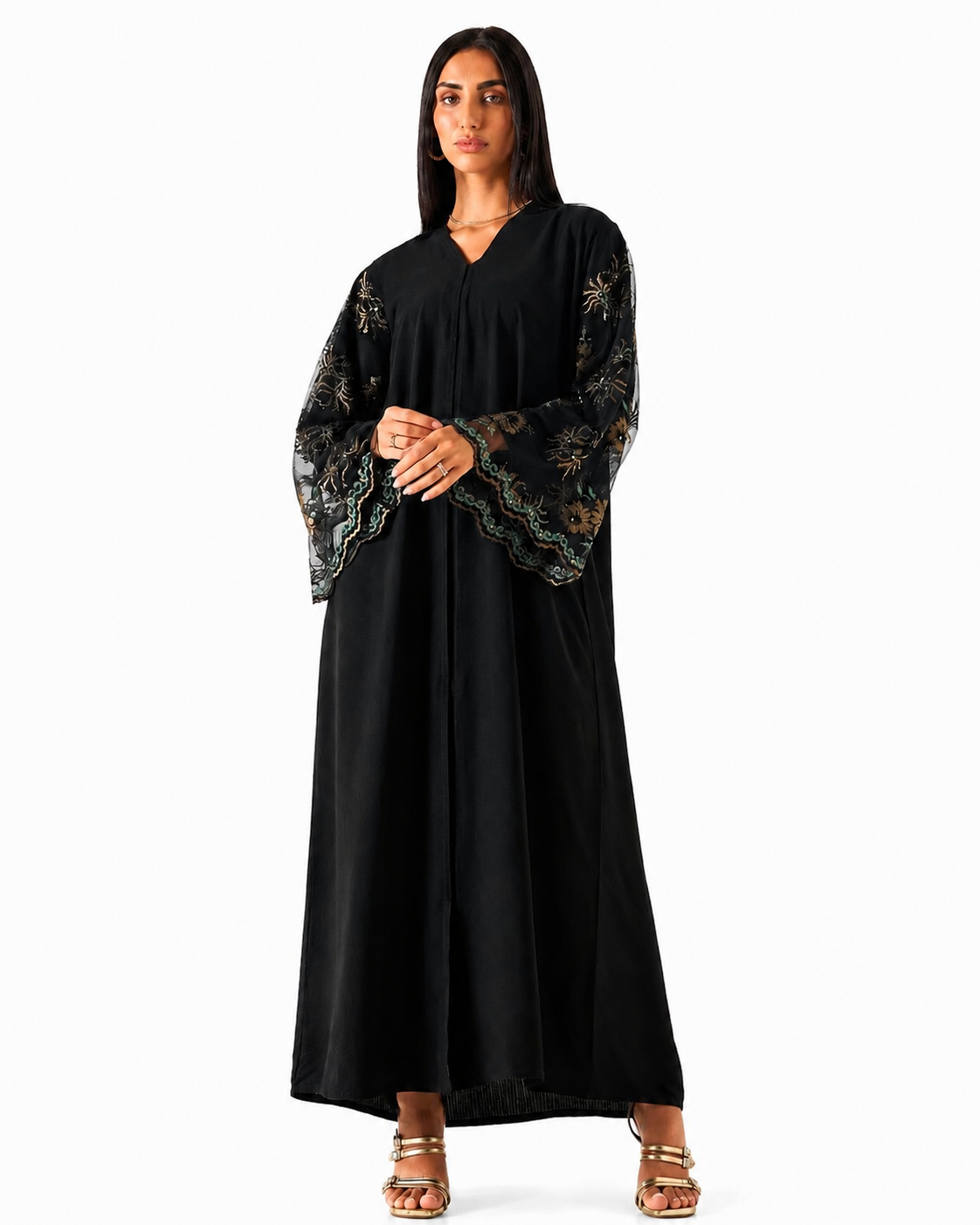 Black Lace Embellished Abaya – Front View – Shop Azria