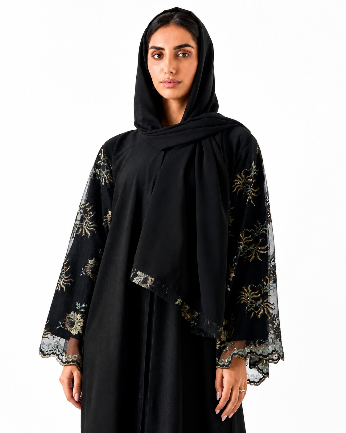 Black Lace Embellished Abaya – Side View – Shop Azria