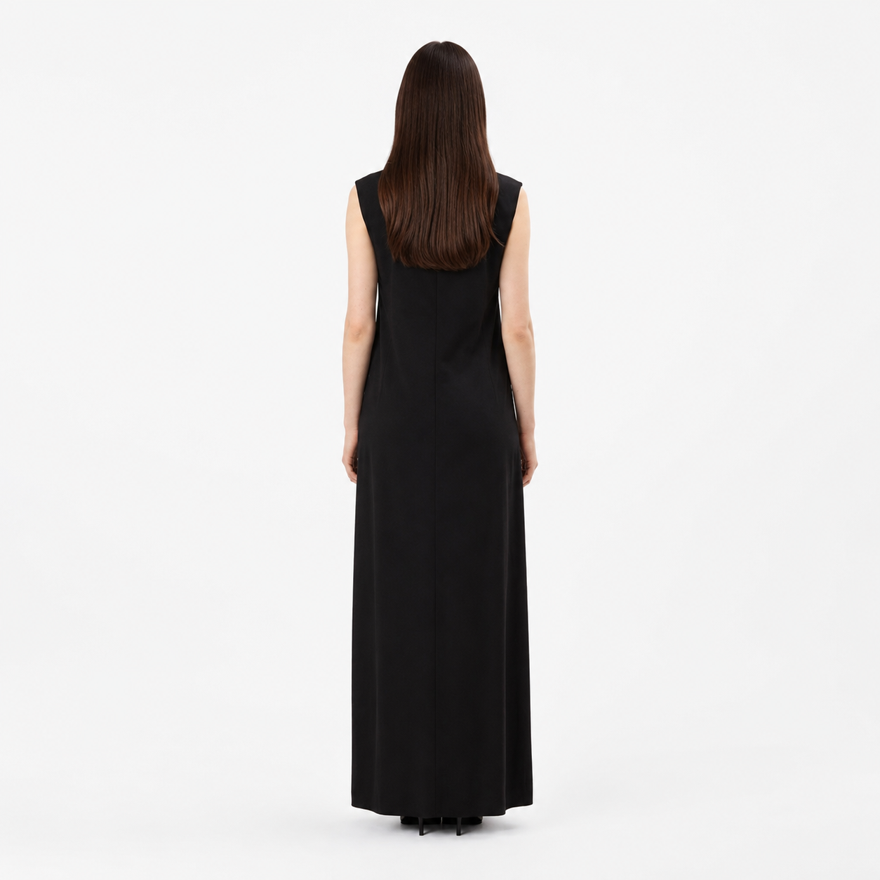 Back view of sleeveless black modest inner dress