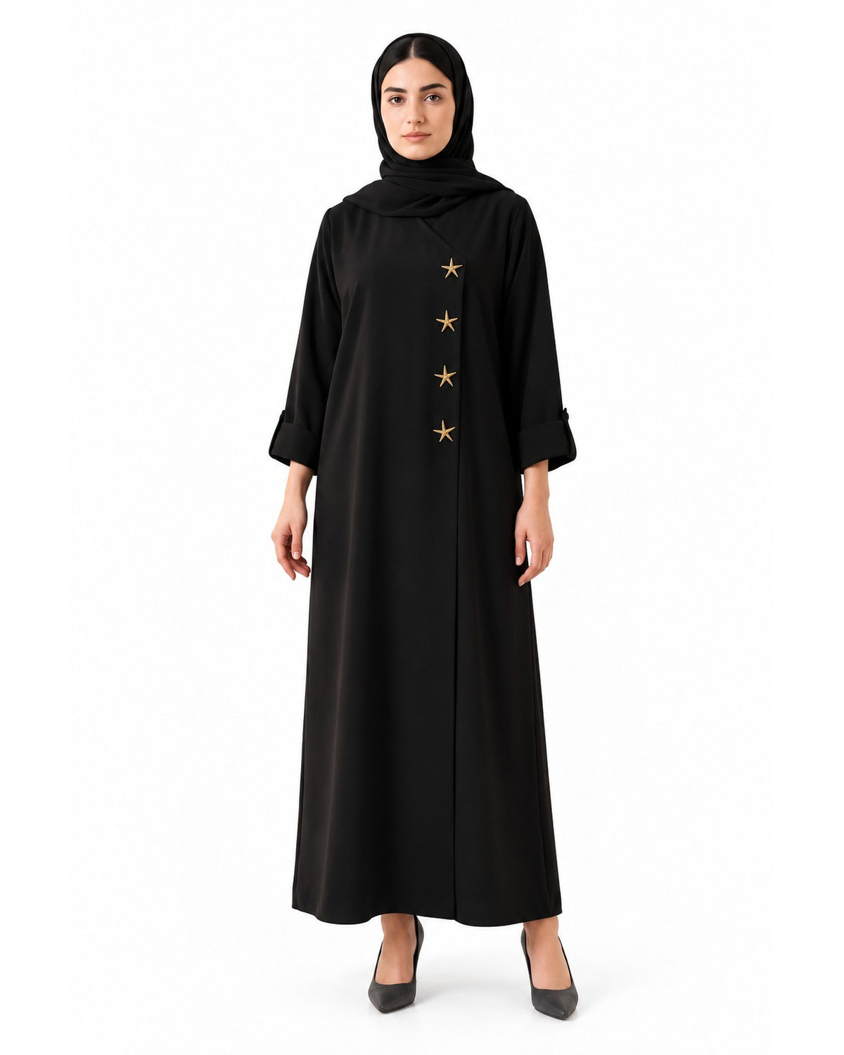 Asymmetric Abaya with Star Detail – Black