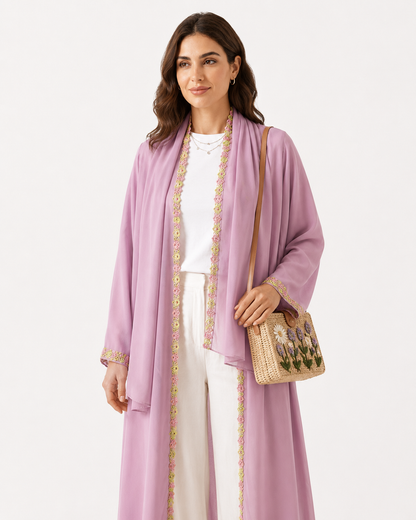 Blossom Luxe Abaya – Pink – fabric and embroidery detail – AZRIA KSA
