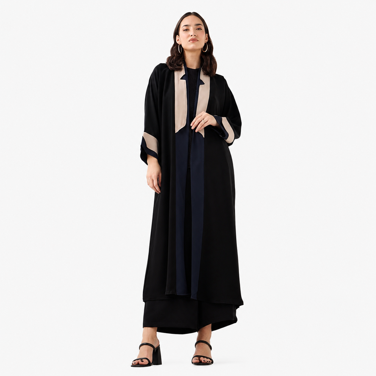 Side view of relaxed fit black contrast abaya