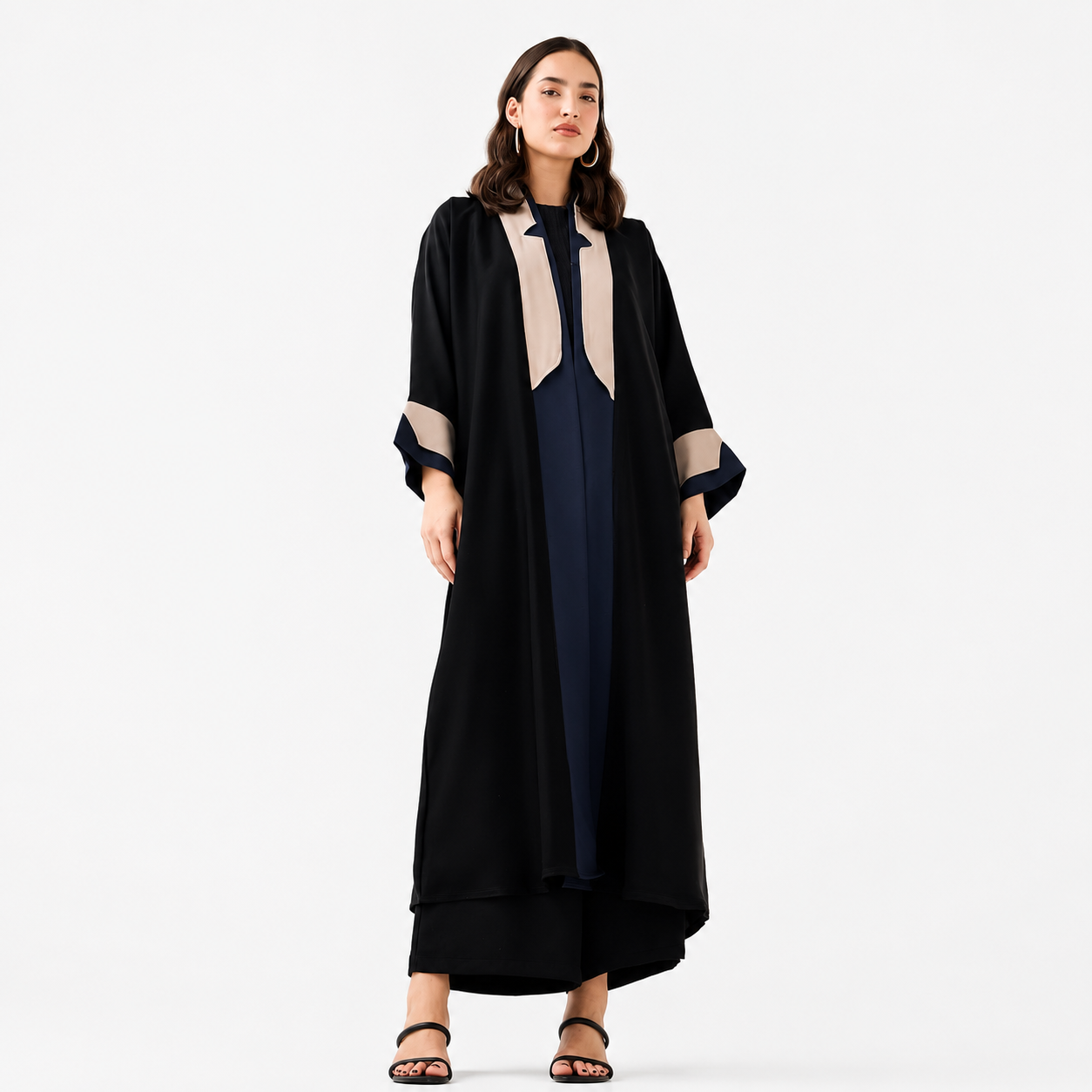 Classic Black Abaya with beige and blue contrast detail — AZRIA FASHIONS