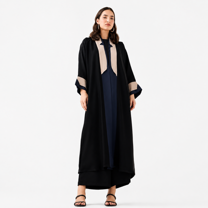 Classic Black Abaya with beige and blue contrast detail — AZRIA FASHIONS