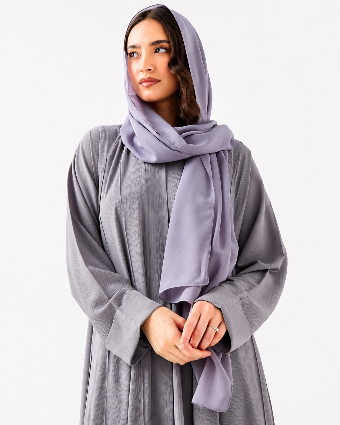 Classic Flowy Abaya – Grey – side profile – AZRIA KSA
