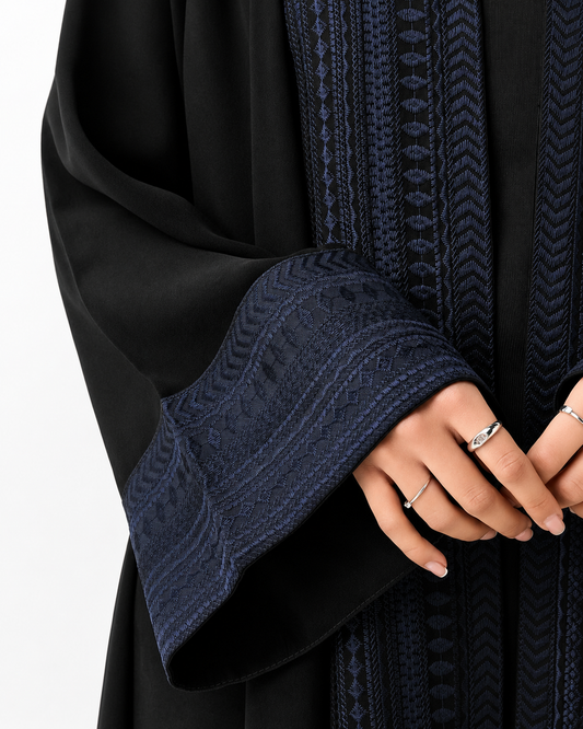 Classic Threadwork Abaya – Black – fabric and embroidery detail – AZRIA KSA
