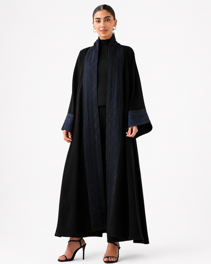 Classic Threadwork Abaya – Black – front view – AZRIA KSA
