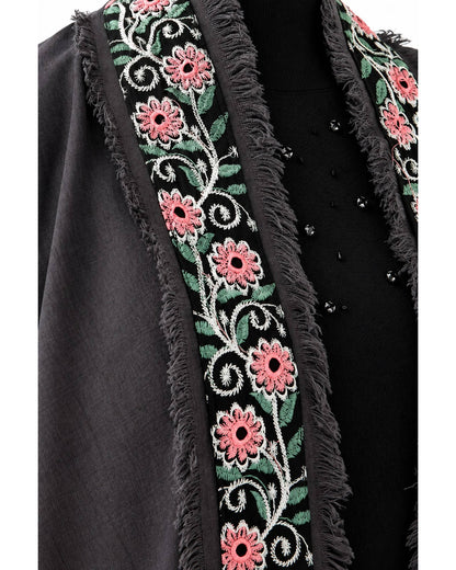 Floral Border Abaya with Hijab – Gray