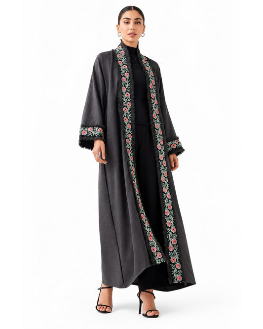 Floral Border Abaya with Hijab – Gray