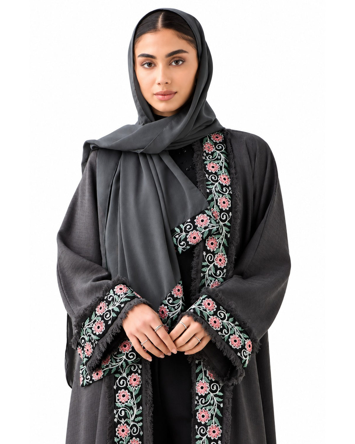 Floral Border Abaya with Hijab – Gray