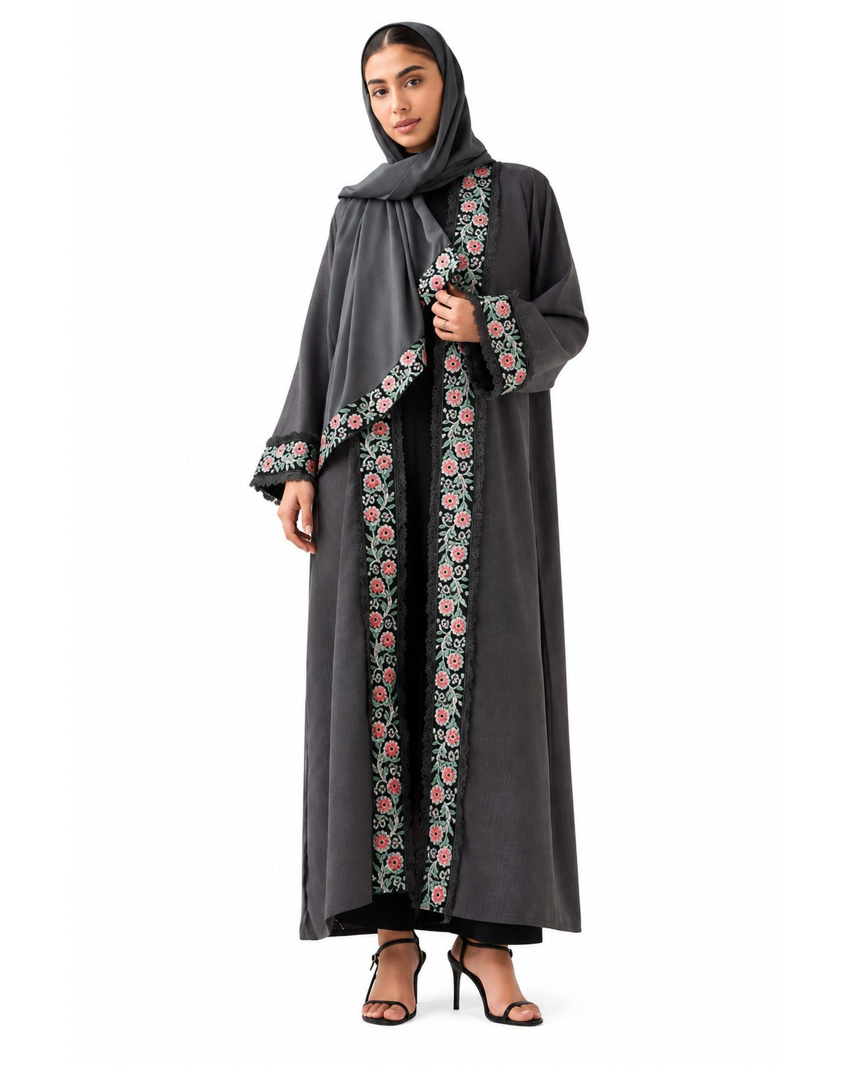 Floral Border Abaya with Hijab – Gray