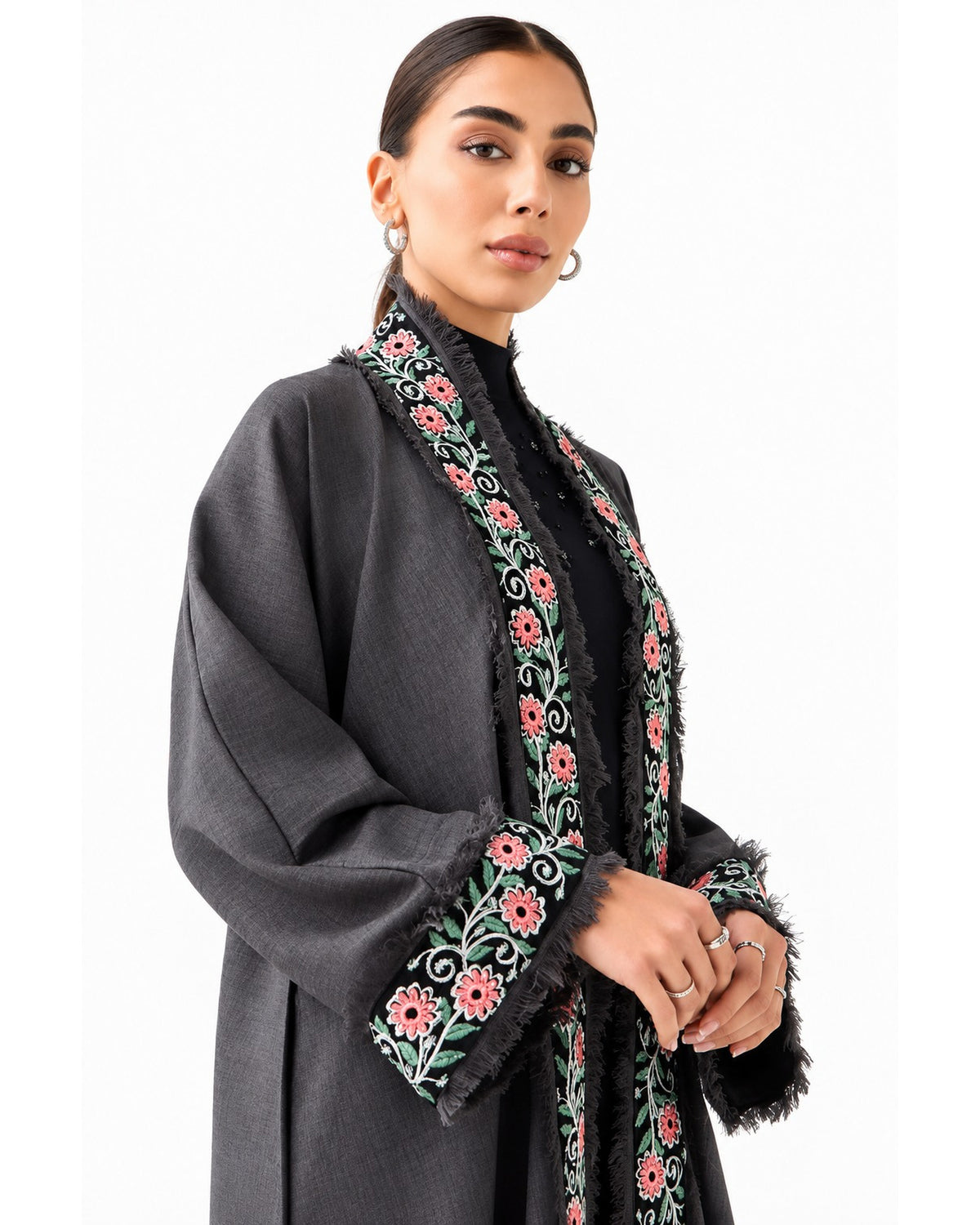 Floral Border Abaya with Hijab – Gray