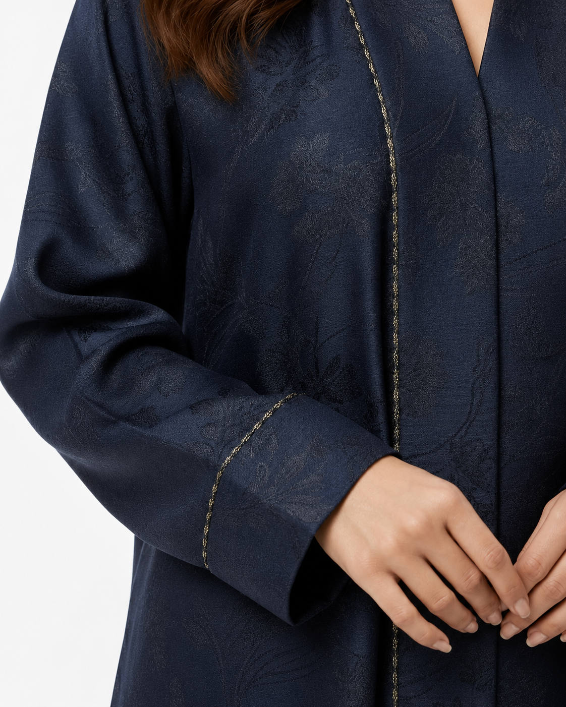 Jacquard Abaya – Midnight Navy – fabric and embroidery detail – AZRIA KSA
