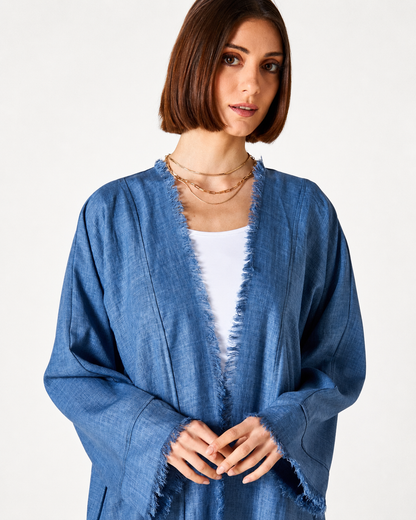 Open Front Abaya with Hijab – Blue – side profile – AZRIA KSA
