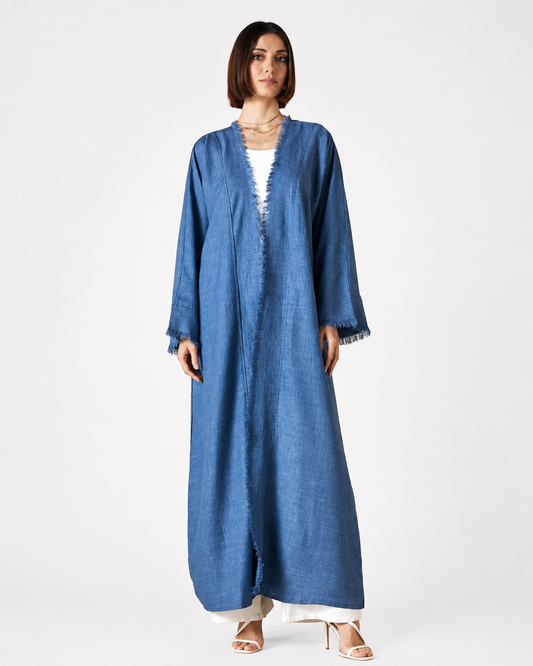 Open Front Abaya with Hijab – Blue – front view – AZRIA KSA
