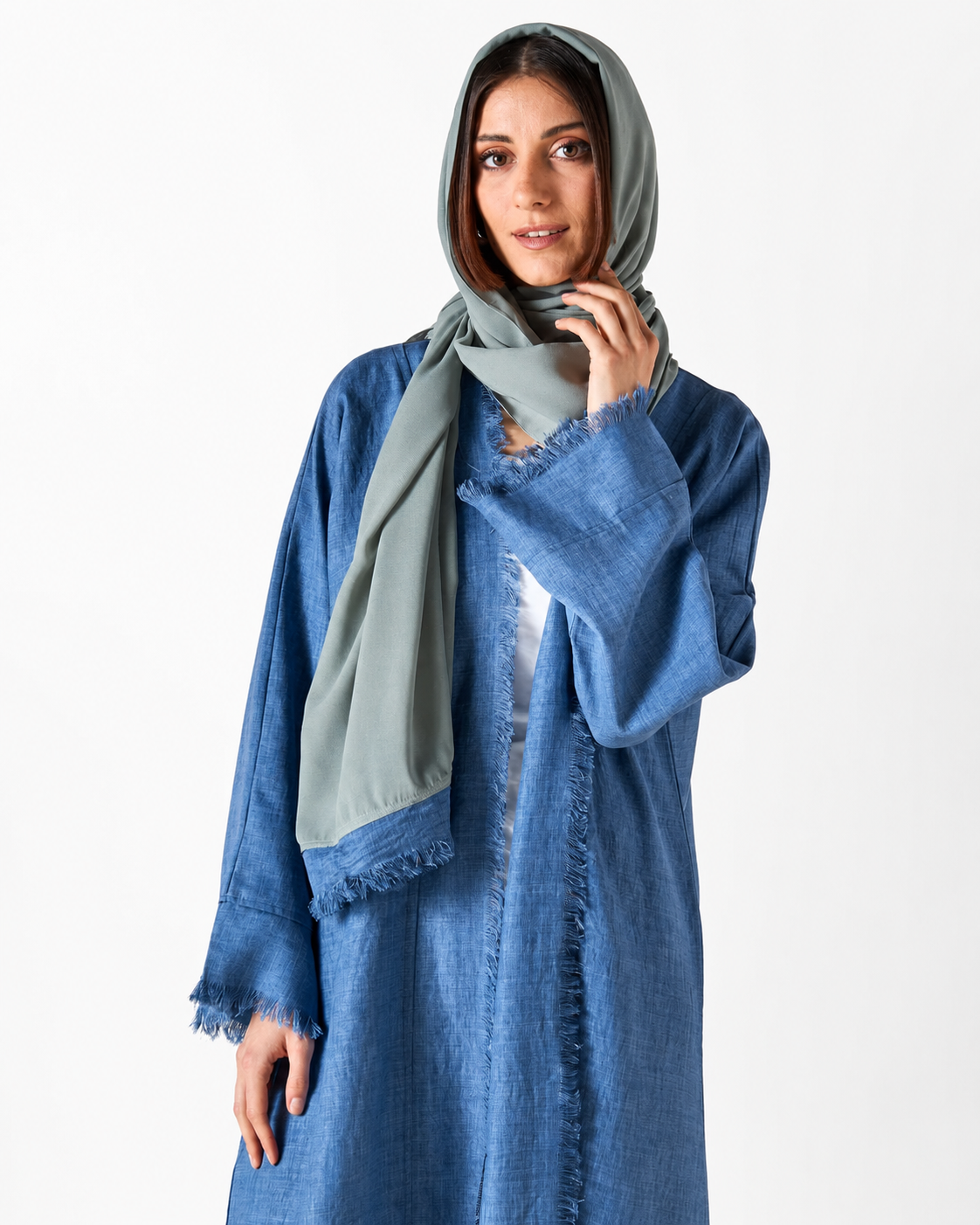 Open Front Abaya with Hijab – Blue – fabric and embroidery detail – AZRIA KSA
