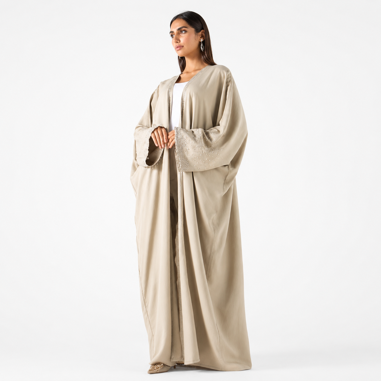 Pearl-Embellished Bisht Abaya in beige with draped fit — AZRIA FASHIONS