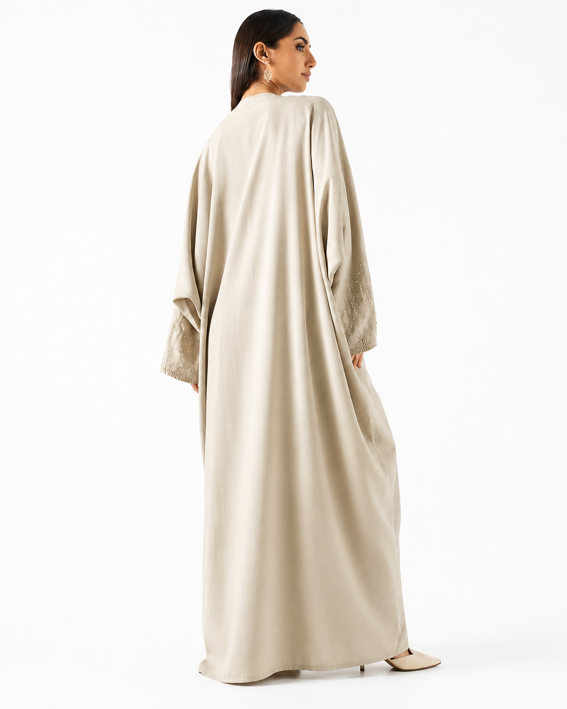 Pearl-Embellished Bisht Abaya – Beige – Back View – Shop Azria