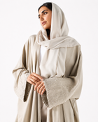 Pearl-Embellished Bisht Abaya – Beige